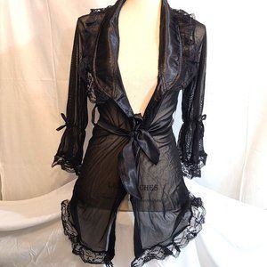 NWT Black Sheer Robe Sexy Adult Ruffle Ribbon Thong Nightie Teddy Lingerie Large